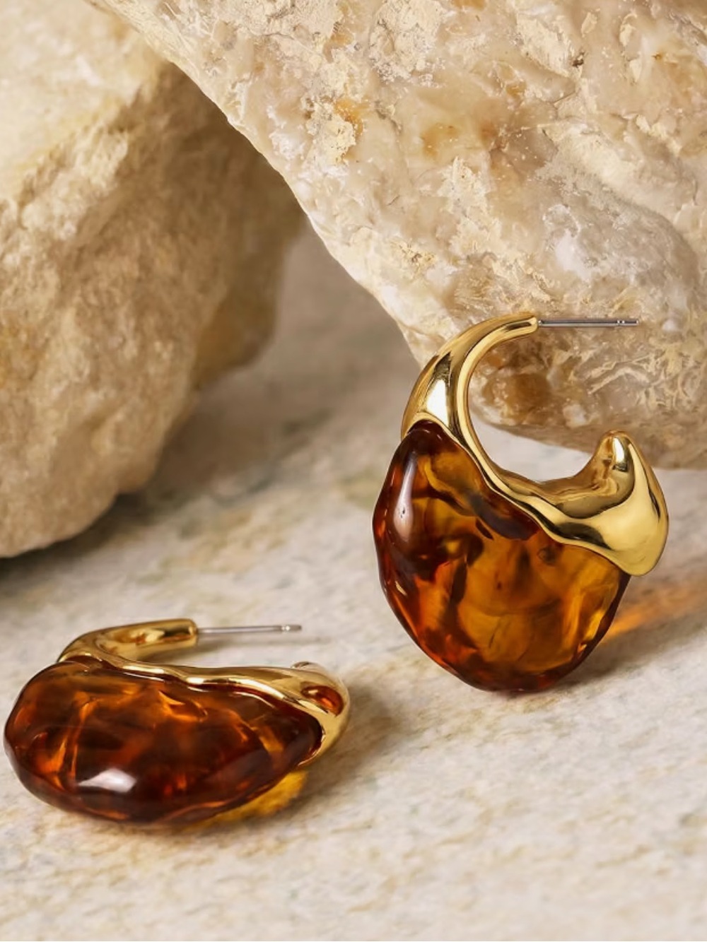 Molten Amber Gold Resin Hoop Earrings - Picture 3 of 4